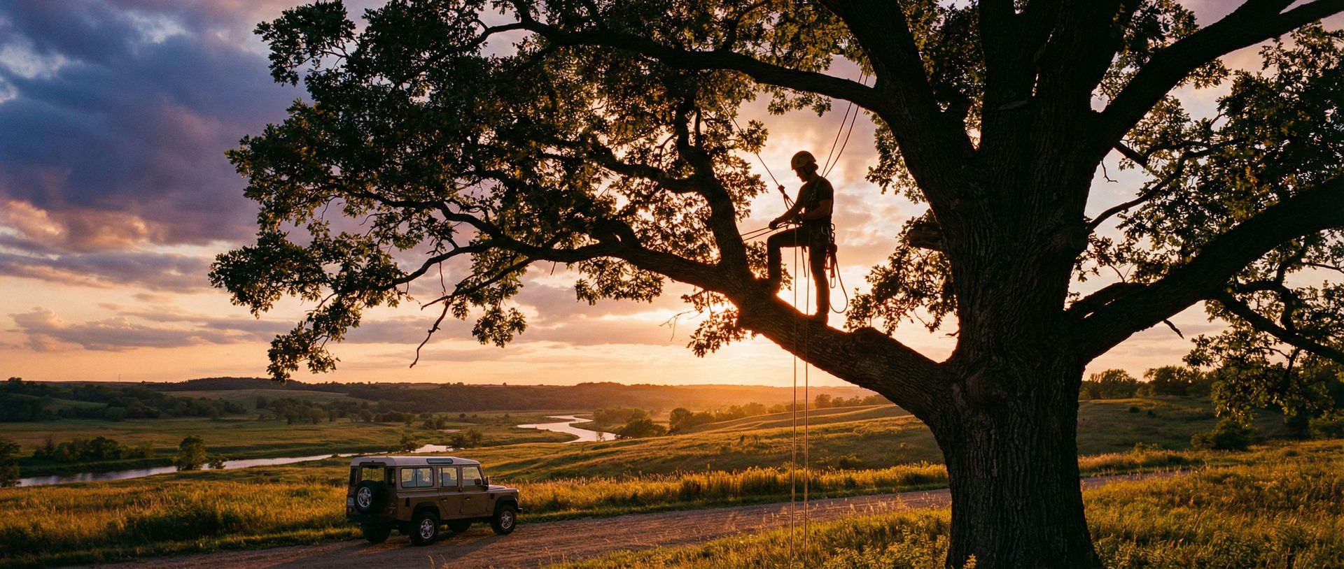 Certified arborist inspecting a mature oak tree at golden hour in Minnesota