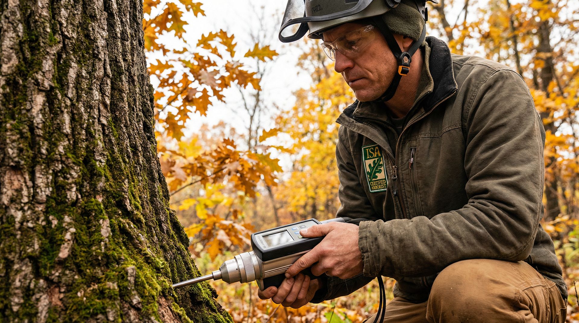 ISA Certified Arborist performing a tree health inspection in Minnesota